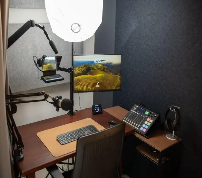 MINDZtalk Podcast Studio recording desk, microphones and production equipment